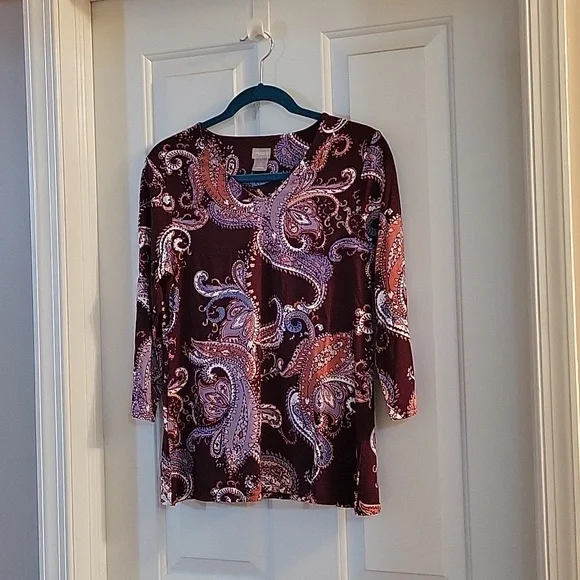 Chicos burgandy paisley print 3/4 sleeve small - Picture 1 of 5